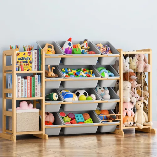 Miniatura 10 de Organizador de almacenamiento de juguetes con estantería y almacenamiento de animales de peluche, organización de sala de juegos para niños