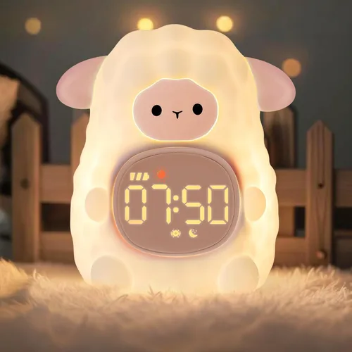 Miniatura 12 de Reloj despertador de conejo con luz nocturna para niños con entrenamiento del sueño y máquina de sonido, lámpara de silicona recargable