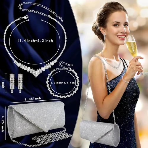 Miniatura 2 de Juego de 4 piezas de plata para mujer, bolso de mano brillante con diamantes de imitación, bolso de mano para regalo de fiesta de boda, plateado