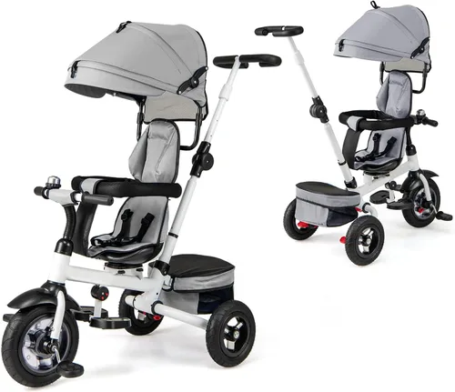 Miniatura 11 de Costzon - Triciclo, 5 en 1 para niños pequeños con mango de empuje plegable, asiento giratorio, rueda EVA, dosel ajustable, canasta de Azul