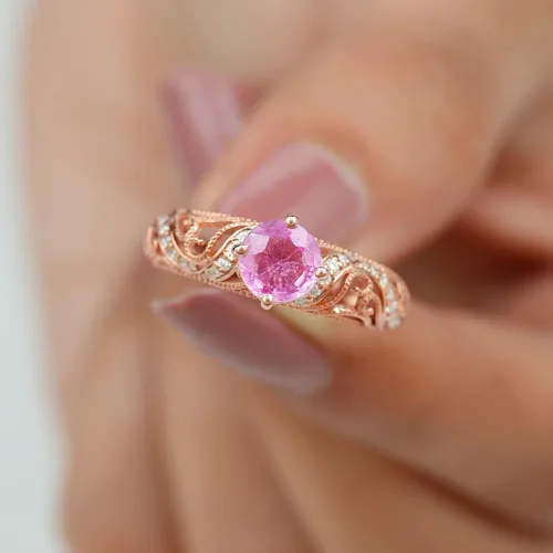 Miniatura 21 de Anillo de compromiso redondo de zafiro rosa cultivado en laboratorio certificado con diamante Calidad AAAA Anillo de estilo vintage para mujer
