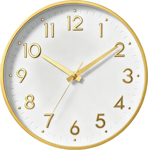 Miniatura 14 de Reloj de pared Mosewa de 20 cm, moderno, analógico, silencioso, sin tictac, funciona con pilas, decorativo para cocina, dormitorio, oficina (dorado)