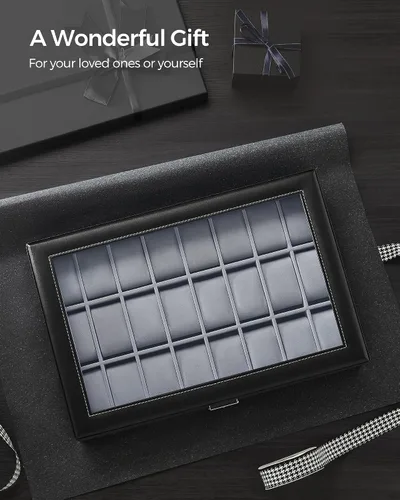 Miniatura 7 de SONGMICS 24 organizador y exhibidor negro de calidad superior, de vidrio, con funda para reloj, de piel sintética UJWB024