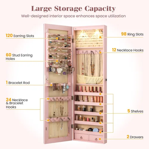 Miniatura 49 de Giantex Armario de joyería para puerta de pared con espejo de longitud completa, 2 LED con cerradura grande organizador de joyas con espejo ancho