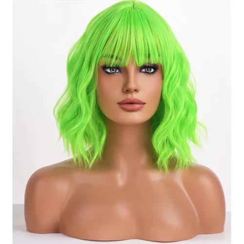Miniatura 26 de BERON Pelucas cortas verdes para mujer, peluca rizada ondulada con flequillo para niñas, pelucas de cabello de color verde aguacate, peluca