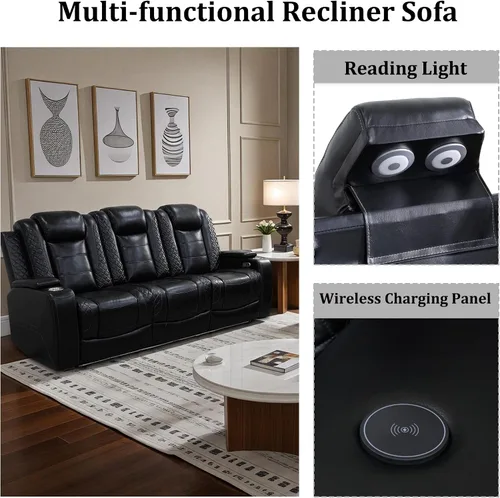 Miniatura 4 de Juego de 3 piezas para sala de estar, sofá reclinable eléctrico de cuero con puertos USB, iluminación LED y portavasos, asientos de cine en casa