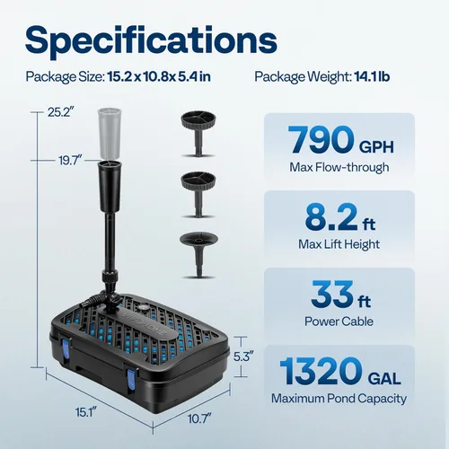 Miniatura 7 de VIVOHOME Kits de sistema de fuente de filtro de estanque todo en uno, bomba de agua sumergible de 790 GPH para estanques de hasta 1320 galones