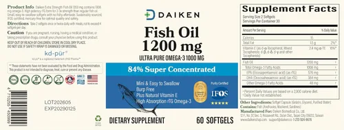 Miniatura 9 de DAIKEN Mini aceite de pescado de 1200 mg, rTG Omega 3 1000 mg, 60 cápsulas blandas, aceite de pescado de alta absorción y sin eructos para un