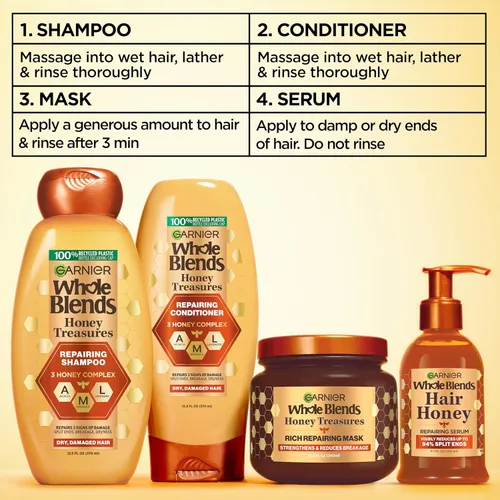 Miniatura 9 de Garnier Whole Blends Honey Treasures - Champú reparador, acondicionador + Miracle Nectar Leave-In Set para cabello seco y dañado (3 artículos), 1