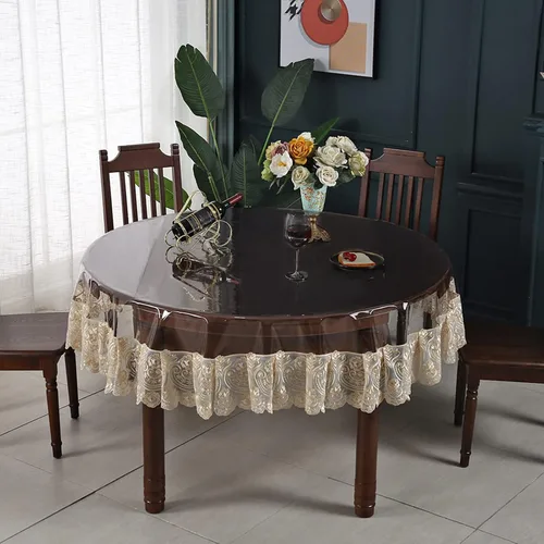 Miniatura 9 de Dimatic Mantel impermeable de plástico transparente, mantel redondo de vinilo PVC con encaje de macramé, a prueba de derrames de aceite, cubierta