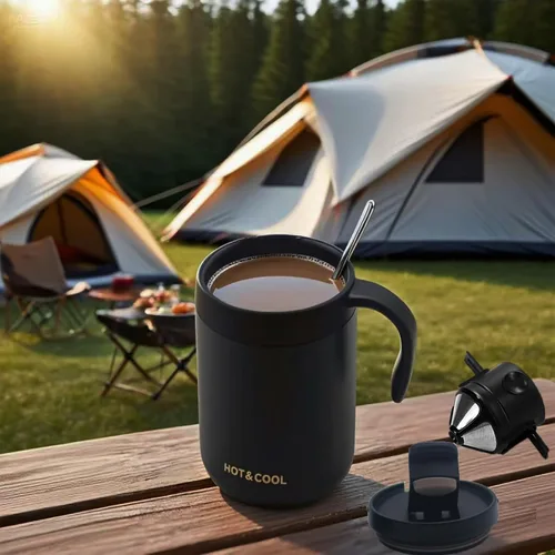 Miniatura 9 de Cafetera portátil de 16 onzas con filtro plegable y agitador, taza de viaje aislada de acero inoxidable con tapa, no necesita filtro de papel, sin