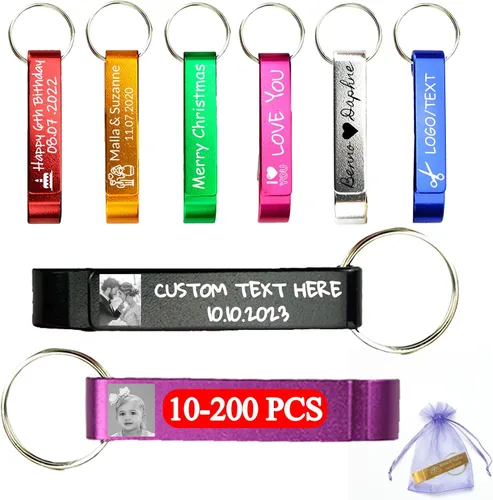 Llavero personalizado para abrebotellas con bolsas de organza a granel personalizado grabado abrebotellas de cerveza con logotipo imagen de texto