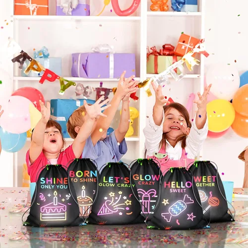 Miniatura 2 de Paquete de 12 bolsas con cordón para fiestas brillantes para cumpleaños de niños, niñas, mochila con cordón de neón brillante como bolsas de botín
