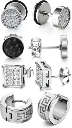 Miniatura 7 de JOERICA 4 pares de aretes de acero inoxidable con circonita cúbica para hombres y mujeres, Acero inoxidable, circonita