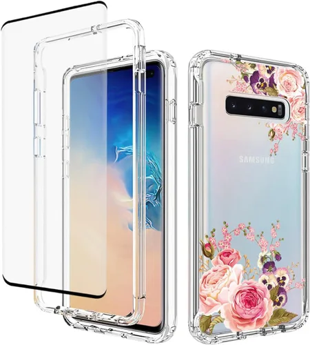 Miniatura 10 de Funda para Galaxy S10+ Plus, SM-G975U con protector de pantalla de vidrio templado, carcasa rígida de protección de diseño floral de cuerpo completo