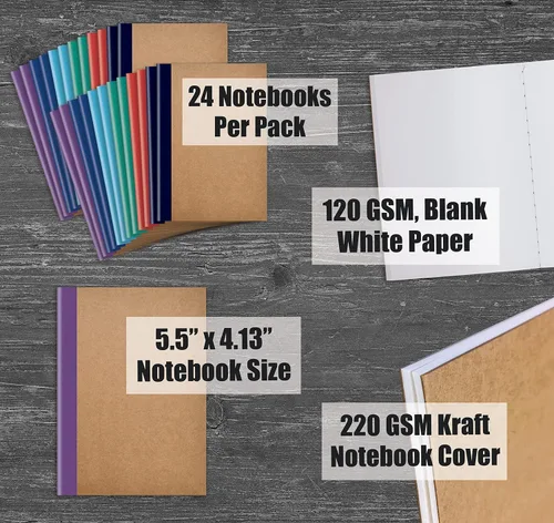 Miniatura 4 de Better Office Products 24 Pack Small Kraft Notebooks, 4.1 in x 5.5 in, 120gsm, 48 Heavyweight Unlined Blank White Pages, Assorted Vibrant