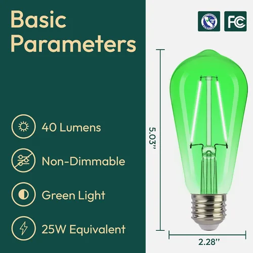 Miniatura 3 de ALAMPEVER ST19/ST58 Bombillas LED Edison verdes, bombillas decorativas, 2 W (equivalente a 25 W), base E26, 40 lúmenes, no regulables, paquete de 6