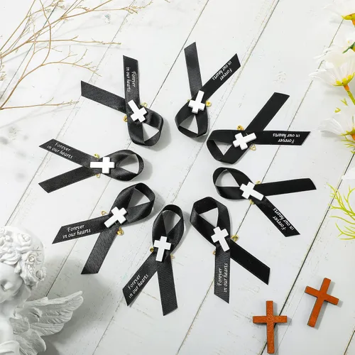 Miniatura 3 de Geosar 100 cintas funerarias conmemorativas, pasadores de cruz, lazo de respeto conmemorativo con pasadores de seguridad y cruz para el día del Negro