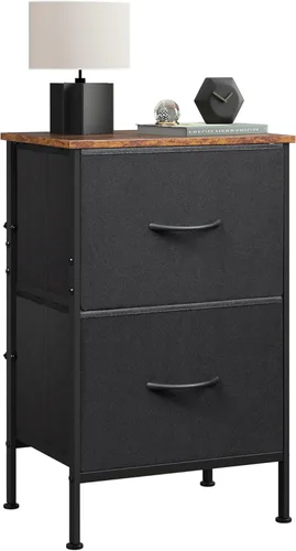 Miniatura 30 de WLIVE Mesita de noche negra, cómoda pequeña con 2 cajones y superficie de madera, mesita de noche con cestas de tela, mesa de cabecera mesa auxiliar