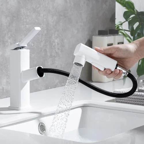 Miniatura 11 de HANLIAN Grifo extraíble de baño de un solo orificio con boquilla giratoria, grifo de una manija para lavabo de baño, grifo de baño moderno con Cromo