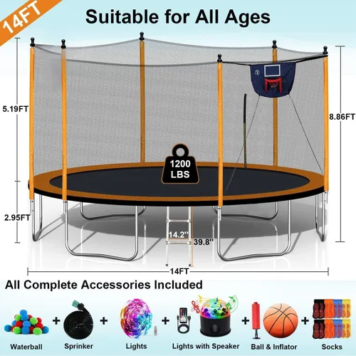 Miniatura 8 de 1500 libras 10 12 14 15 16 pies para adultos y niños con rociador, luces, aro de baloncesto, bolas de agua, 16 calcetines, trampolín recreativo
