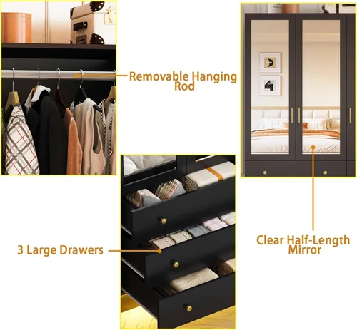 Miniatura 6 de Armario LED de 3 puertas con espejo, armario de madera moderno de 75 pulgadas de alto con 3 cajones, armario de almacenamiento de ropa independiente