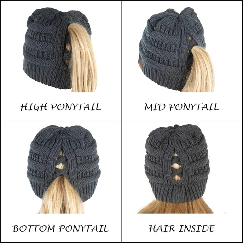 Miniatura 5 de Funky Junque - Gorro tejido para mujer tipo beanie con diseño cruzado en la parte posterior para poder usarlo con coleta o moño