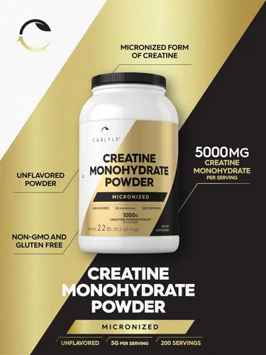 Miniatura 4 de Carlyle Monohidrato de creatina en polvo de 5000 mg 200 porciones Sin sabor 2.2 libras Suplemento de creatina micronizada Vegano, sin OMG