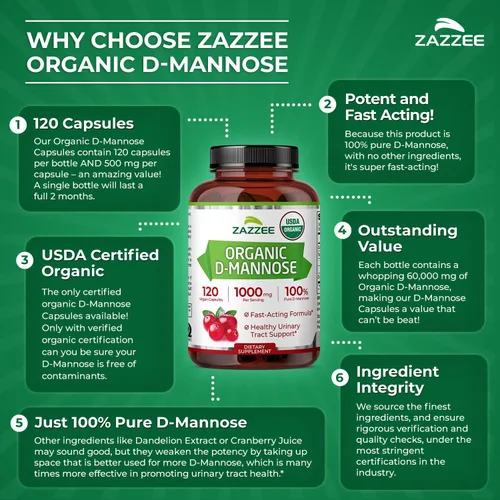 Miniatura 7 de Zazzee D-manosa orgánica USDA, 1000 mg por porción, 120 cápsulas veganas, suministro de 2 meses, sin OMG, soporte para el tracto urinario