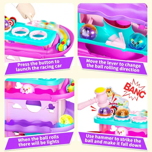 Miniatura 3 de Funwee Pista de bola rodante y coche de carreras de 2 en 1 para niños pequeños, pista de carreras con luz martillo y bola de caída, juego