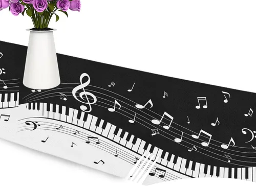 Miniatura 5 de WOOR Camino de mesa retro de doble cara con notas y teclas de piano, camino de mesa de 13 x 70 pulgadas de largo, mantel para bodas, fiestas