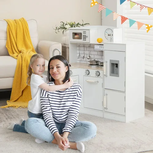 Miniatura 8 de HONEY JOY Juego de cocina esquinera para niños, cocina de madera para niños pequeños, dispensador de agua, microondas, campana extractora