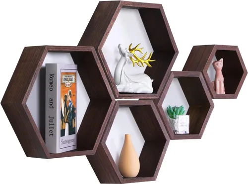 Miniatura 19 de PHOENANCEE - Estantes flotantes hexagonales, juego de 3 estantes de nido de abeja, estantes de pared de madera estilo granja para almacenamiento