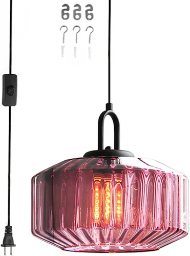 Miniatura 10 de Lámpara colgante enchufable de cristal azul, lámpara colgante dorada de altura ajustable con interruptor de encendido/apagado de cable de 14.7 pies