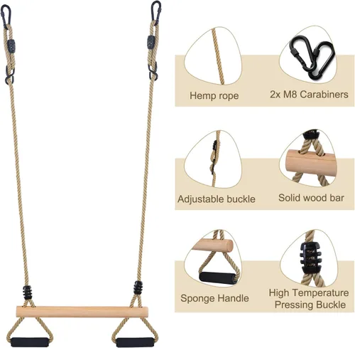 Miniatura 4 de Columpio de trapecio de madera con anillos de gimnasio para niños, juego de columpios para interiores y exteriores, jardín, patio, parque infantil