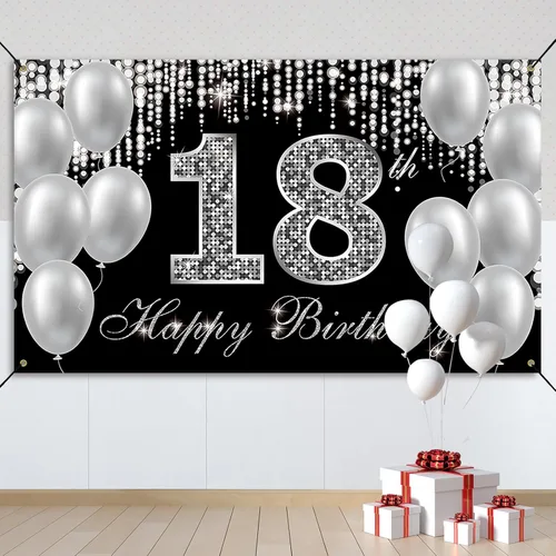 Miniatura 5 de Cartel de fondo de 18 cumpleaños, decoraciones de feliz cumpleaños 18 para niños y niñas, negro y plateado para fiesta de cumpleaños de 18 años
