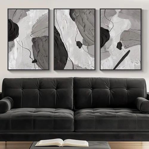 Arte de pared abstracto moderno enmarcado en blanco y negro, 3 piezas de impresiones en lienzo pinturas obras de arte para paredes, cuadros Negro