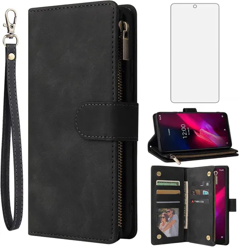 Asuwish Compatible con T-Mobile Revvl 4 Plus - Funda tipo cartera de vidrio templado, protector de pantalla con tapa, tarjetero y funda para