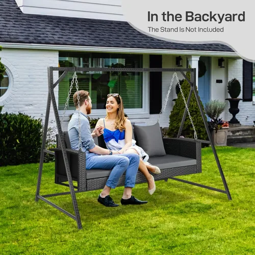 Miniatura 7 de Outvita Banco colgante de porche para 2 personas, banco de mimbre para exteriores con cojín y almohada para patio, jardín, soporta hasta 800 libras