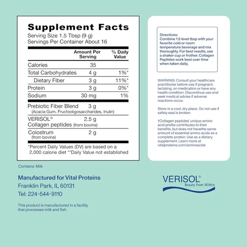 Miniatura 4 de Vital Proteins® Colágeno avanzado + calostro + fibra prebiótica, 0.08 onzas de péptidos de colágeno VERISOL®, apoya la salud intestinal