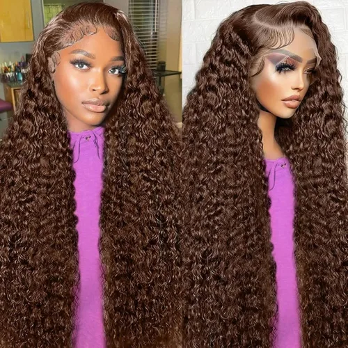 Miniatura 37 de CHEETAHBEAUTY Pelucas de cabello humano brasileño ondulado profundo #4 marrón chocolate 13X6 HD de encaje frontal transparente grado 10A rizado