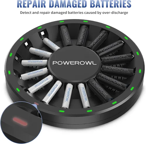 Miniatura 6 de POWEROWL 16 Bay AA AAA cargador de batería (actualizado, carga de alta velocidad) con luz LED inteligente y enchufe, para baterías recargables NIMH
