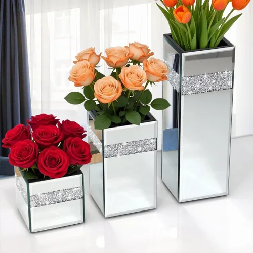 ALLARTONLY Juego de 3 Piezas de Jarrón Espejo de Diamante Triturado Tamaño Pequeño, Mediano, Grande. Jarrón Decorativo de Lujo de Cristal Espejo