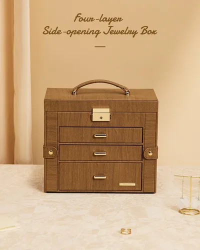 Miniatura 7 de Homde Joyero 2 en 1 para mujeres y niñas con estuche de viaje pequeño, espejo, collar, anillo y aretes, organizador (marrón + dorado)