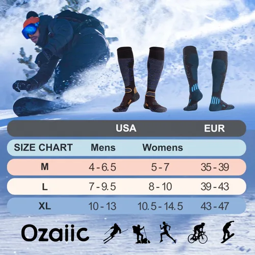 Miniatura 2 de Calcetines de esquí de lana merino para hombre y mujer, 2 pares para esquí, snowboard, térmicos hasta la rodilla, calcetines de rendimiento