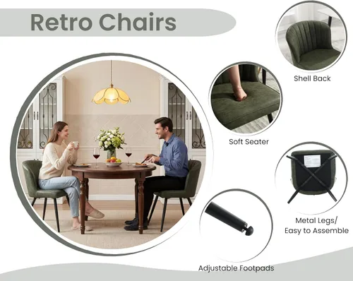 Miniatura 5 de EALSON Juego de 2 sillas de comedor modernas, asiento tapizado de piel sintética verde con respaldo curvado y patas de metal, silla auxiliar sin Pu