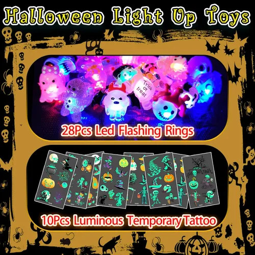 Miniatura 2 de 38 piezas de artículos de fiesta de Halloween para niños, anillos con luz 3D juguetes en cantidad golosinas de Halloween sin dulces, 28 anillos