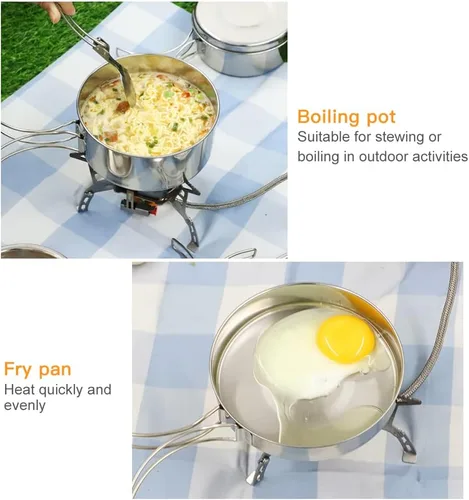 Miniatura 3 de Lixada Juego de utensilios de cocina para camping, 4 piezas de acero inoxidable portátil, juego de ollas y sartenes apilables para acampar,