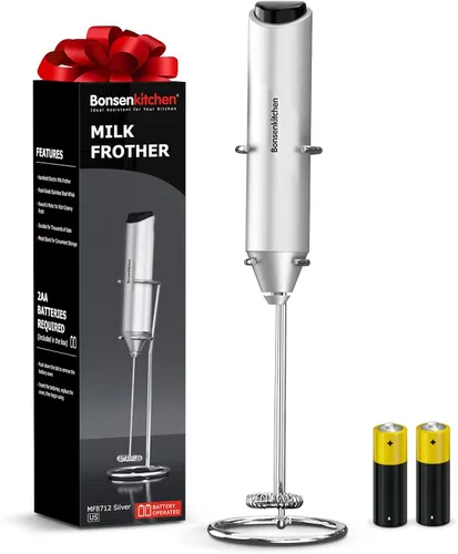 Bonsenkitchen Espumador de leche de mano con soporte, espumador de café eléctrico, varilla espumadora de mano portátil mezclador de bebidas para