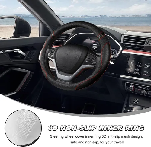 Miniatura 4 de Funda para volante de automóvil, 15 pulgadas, de cuero de alta calidad, transpirable, antideslizante, protector universal para volante cómodo